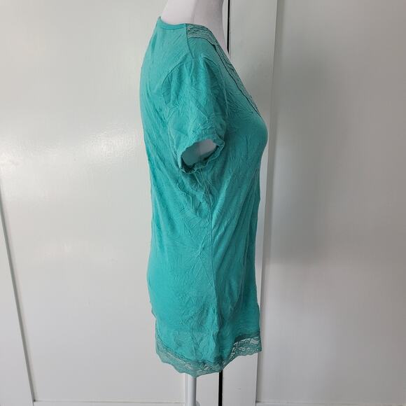 Maurices Size M Teal Crinkle Lace Trim V Neck Top Y2K Feminine Boho - Picture 2 of 9